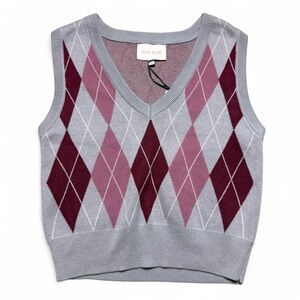Pink Rose Gray & Pink Argyle Sweater Vest Womens Size Large NWT